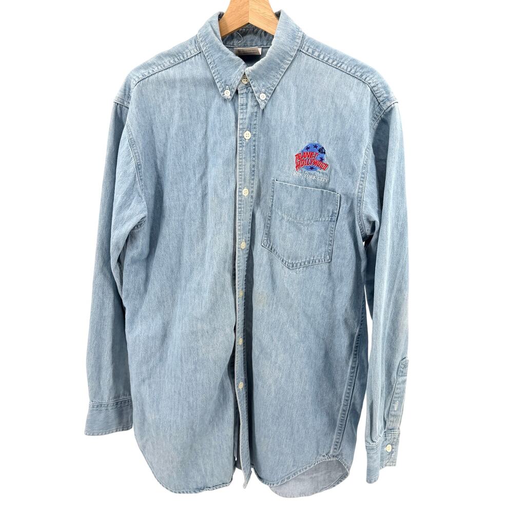 Vintage 90s Planet Hollywood NYC Light Wash 100% Cotton Denim Shirt